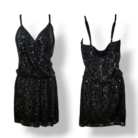 Express Sequined Embellished Striped Surplice Mini Dress in Black Size XS - Picture 12 of 13